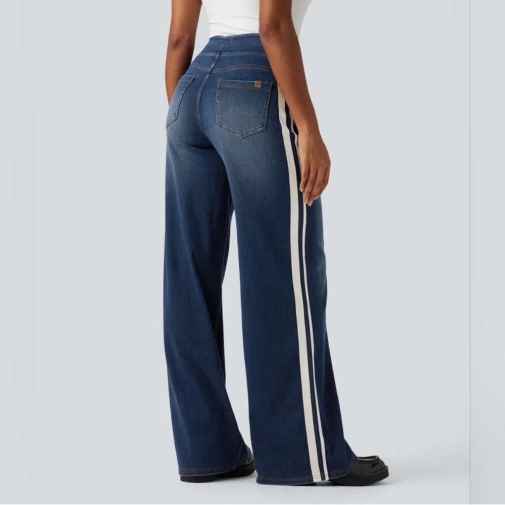 HALARA Dark Blue Boot Cut Jeans with Cream Stripe